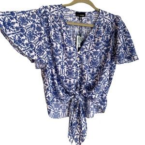 Lucy Paris Blue and White Tie front Blouse